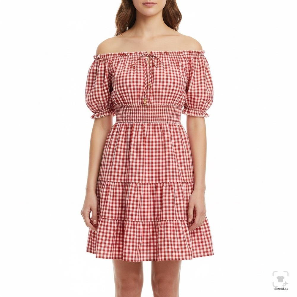 Speed Limit Red Gingham Off Shoulder Tiered Mini Dress Womens XL Puff Sleeve